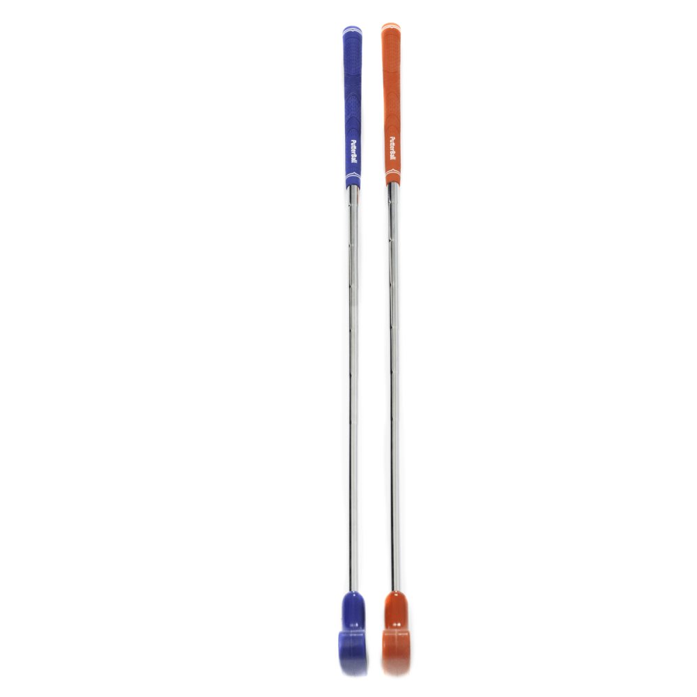 An image of the red and blue putters used in the PutterBall golf putting game.
